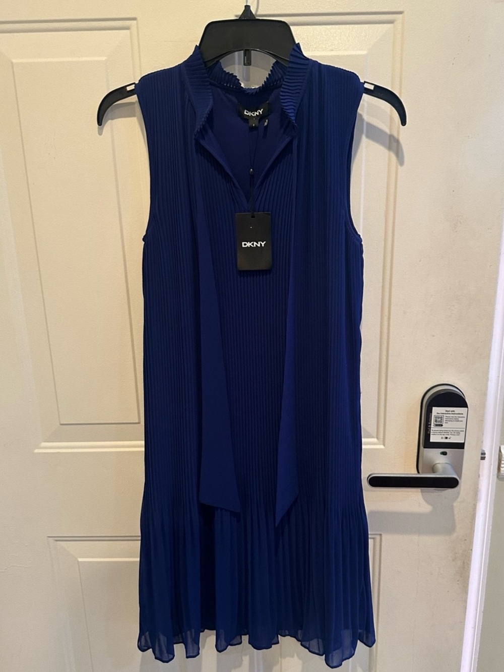 DKNY Sleeveless Pleated Royal Blue Midi Dress with Neck Tie